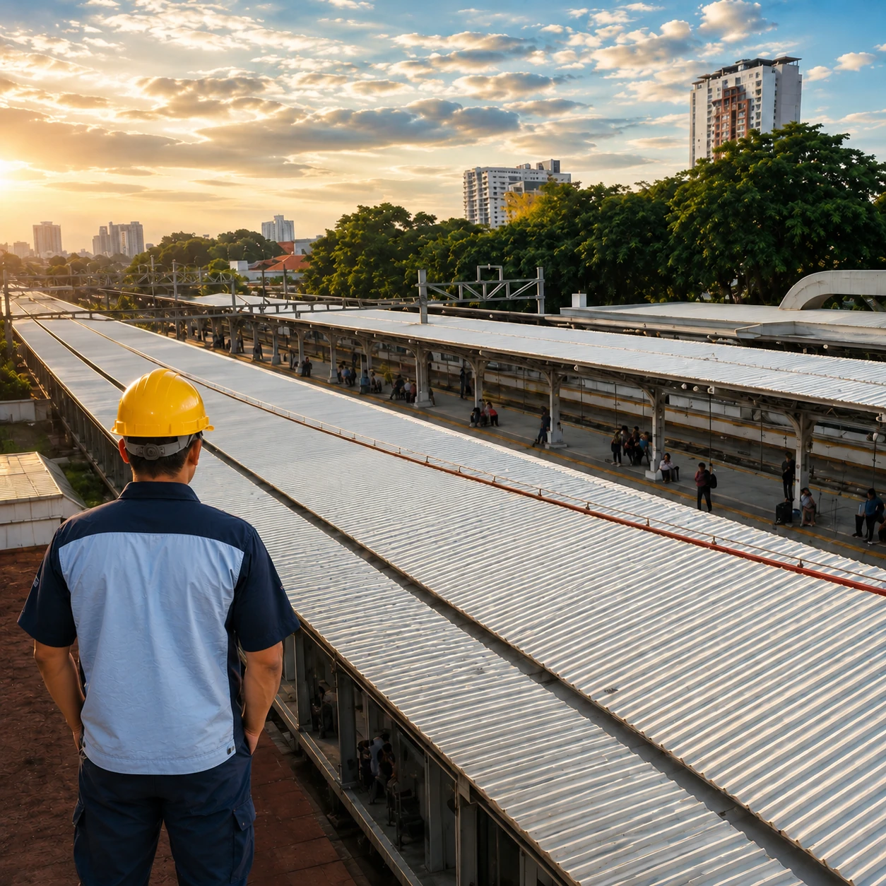 city station at sunset with worker