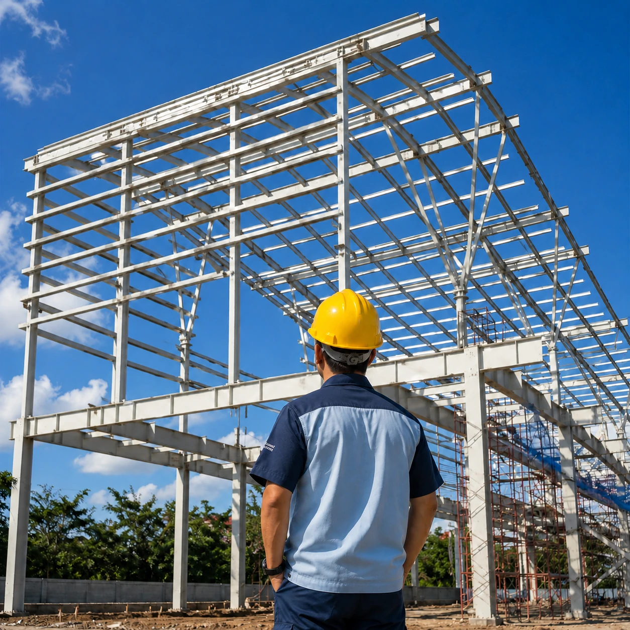 construction site with steel framework and scaffol