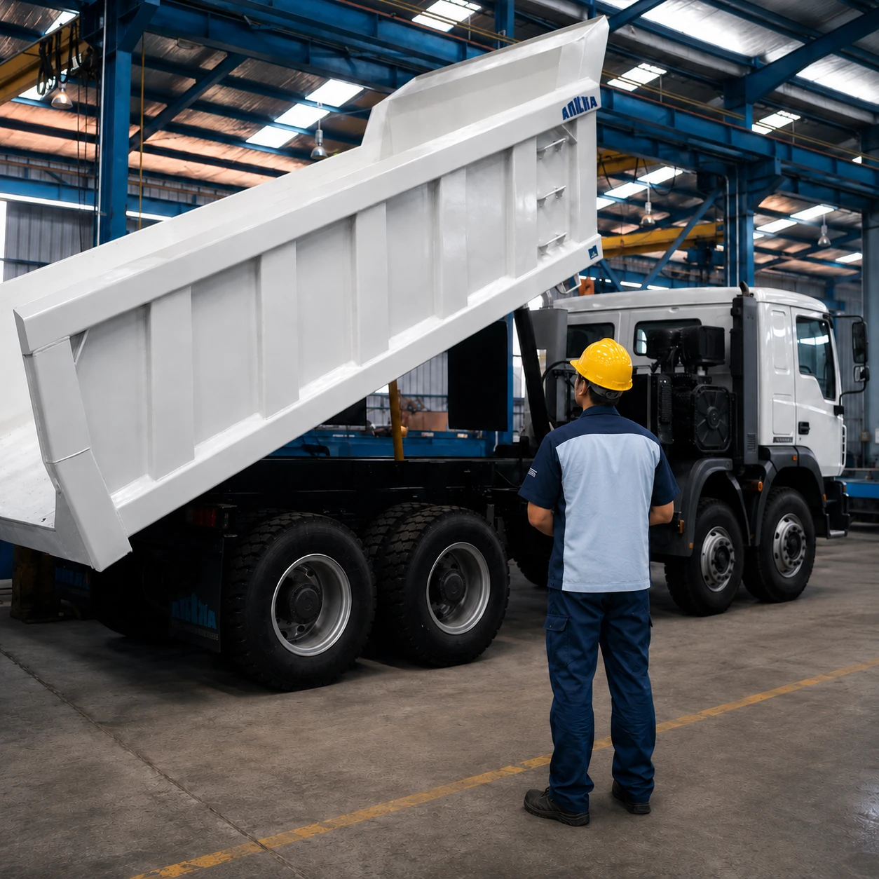 industrial warehouse with raised dump truck