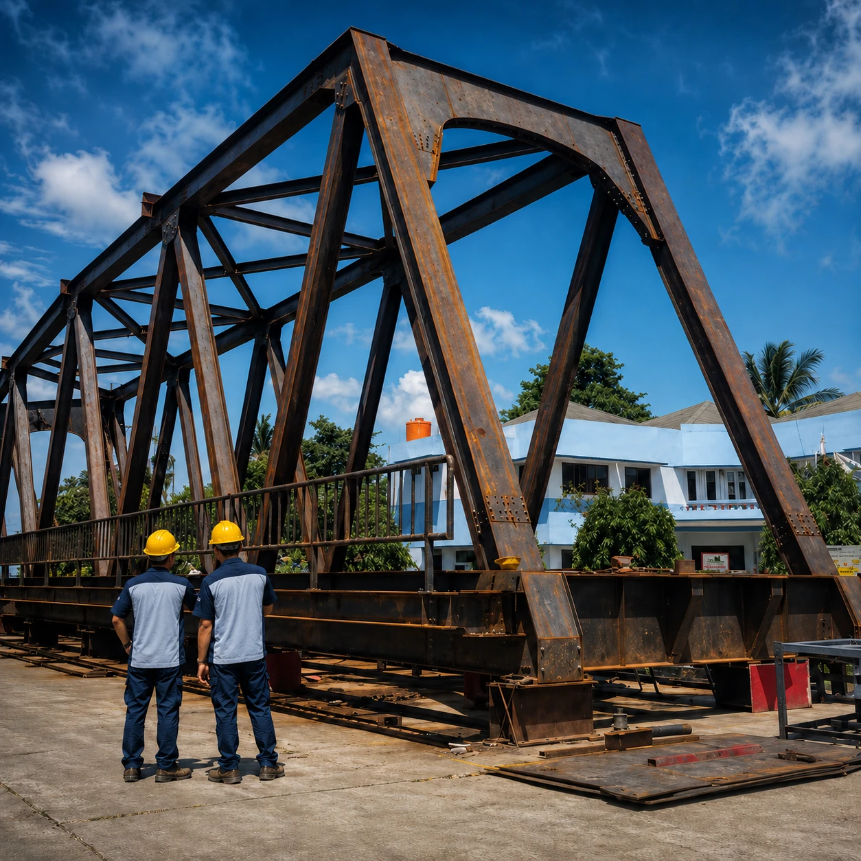 inspecting the rusted bridge structure